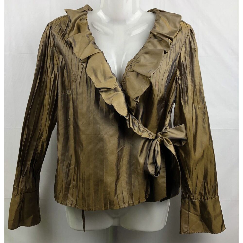 Sunny Leigh Blouse Women 4 Bronze Accordion Ruffle Wrap Flare Cuffs Formal Top